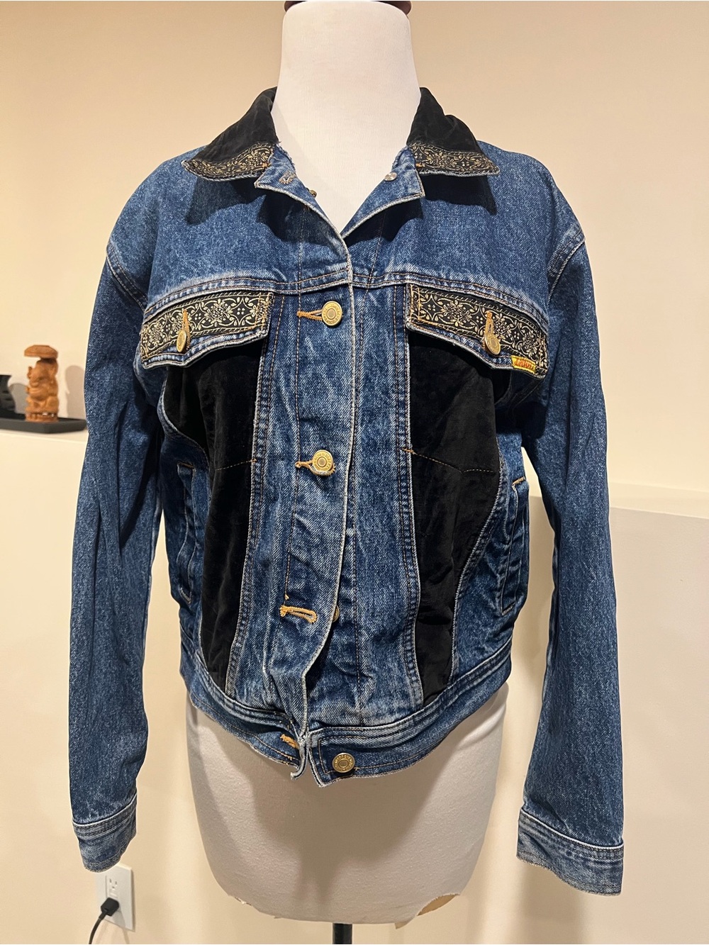 Vintage Jordache Blue Denim Jacket with Black Velvet Panels Gold Embroidery